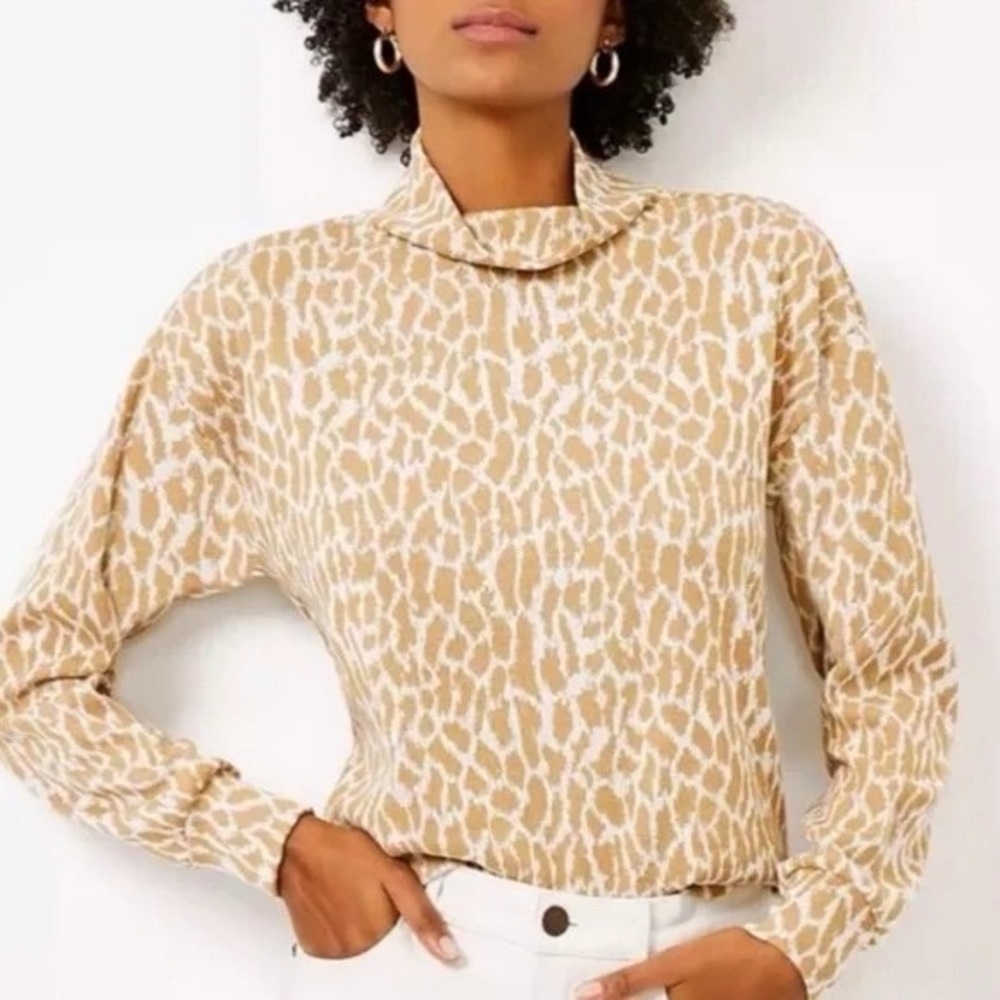 LOFT Animal Print Mock Neck Sweater Neutral Tan Knit Top M